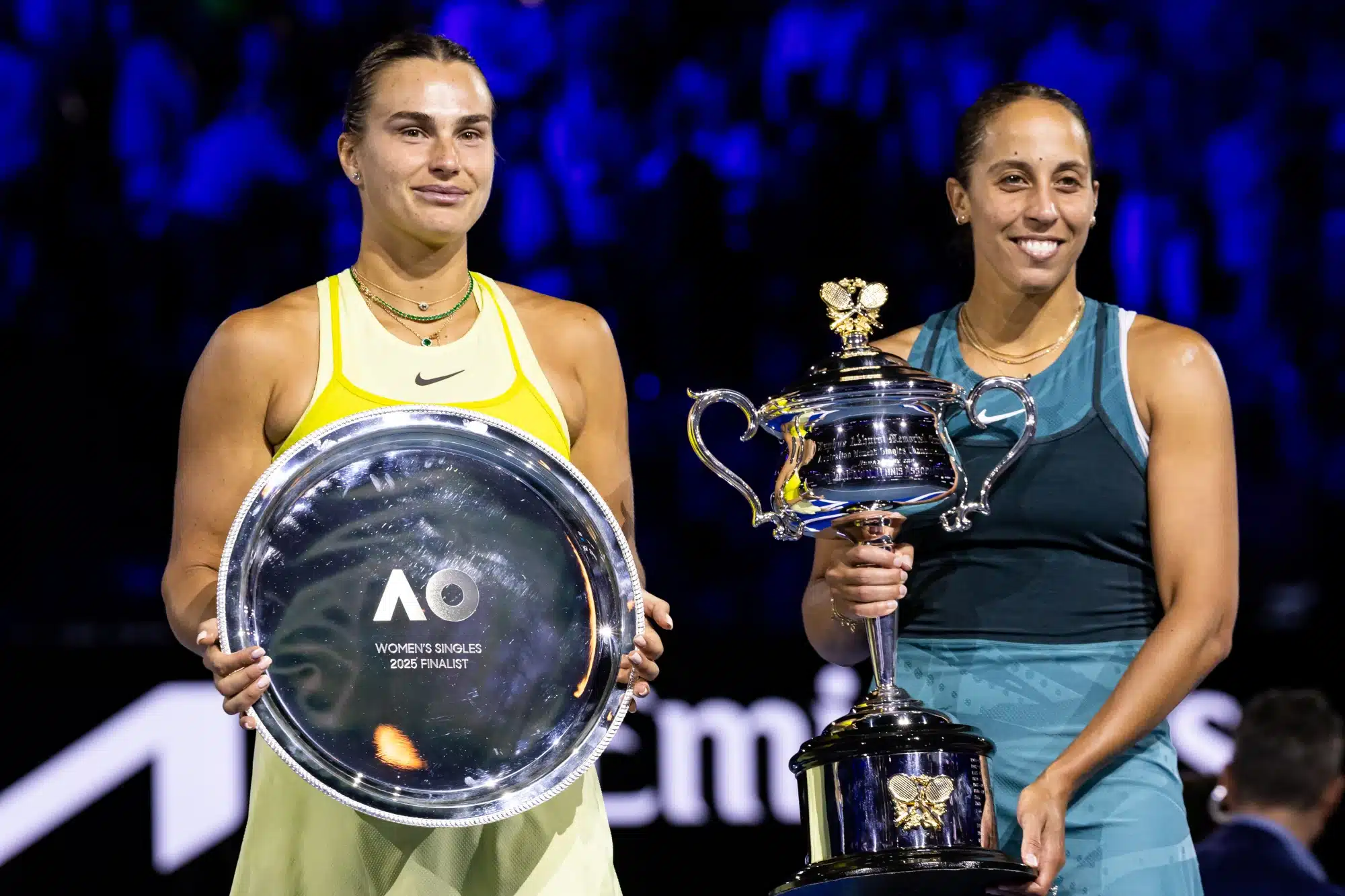 Jan 25, 2025; Melbourne, Victoria, Australia; Madison Keys of United States of America, Aryna Sabalenka during the trophy presentation of the women's single at the 2025 Australian Open at Melbourne Park.