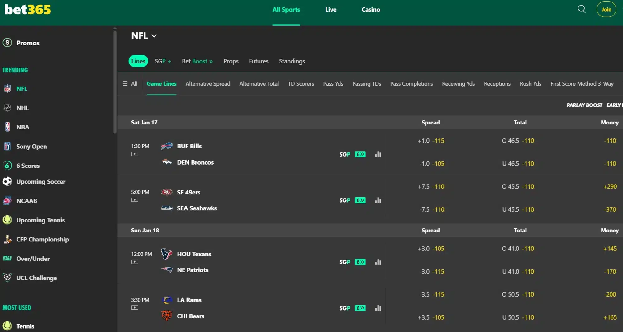 A screenshot of bet365's NFL betting odds in desktop view