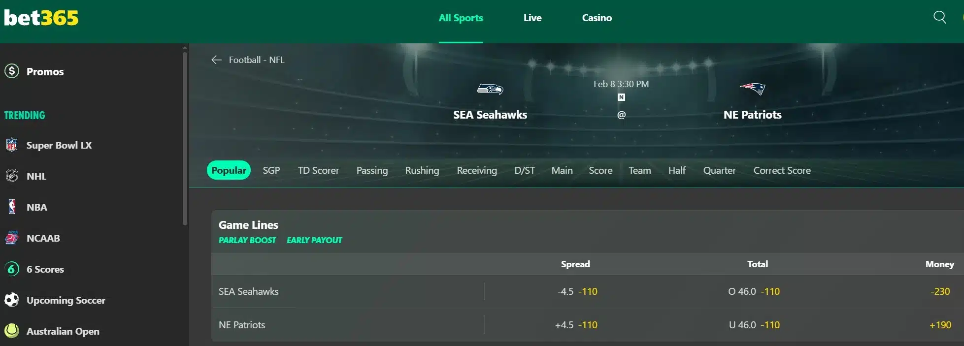 A screenshot of Super Bowl betting odds from bet365