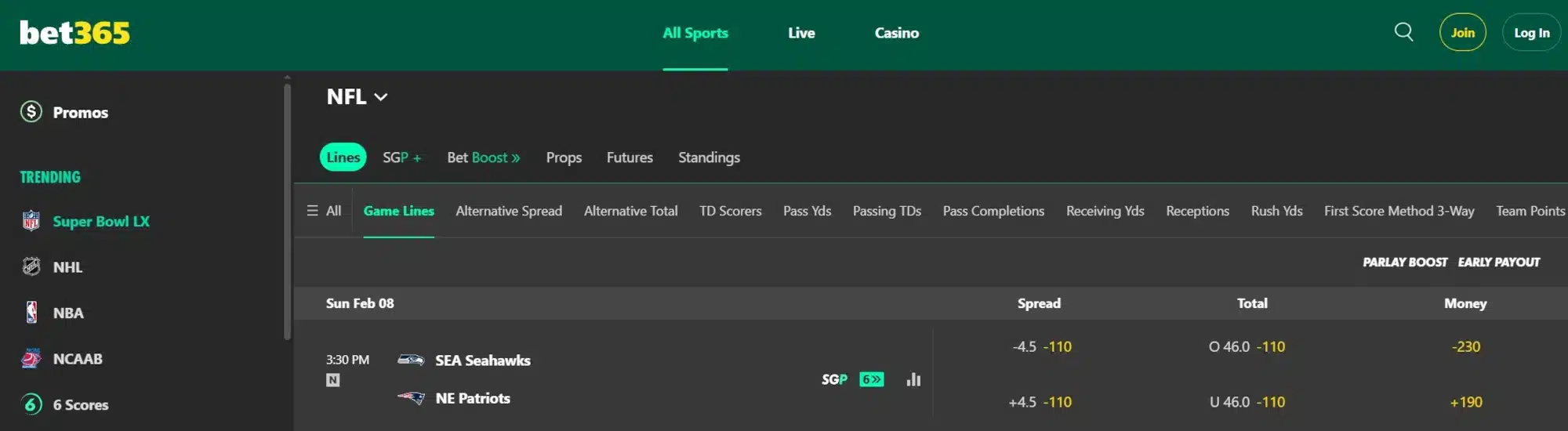 A screenshot of bet365's Super Bowl odds