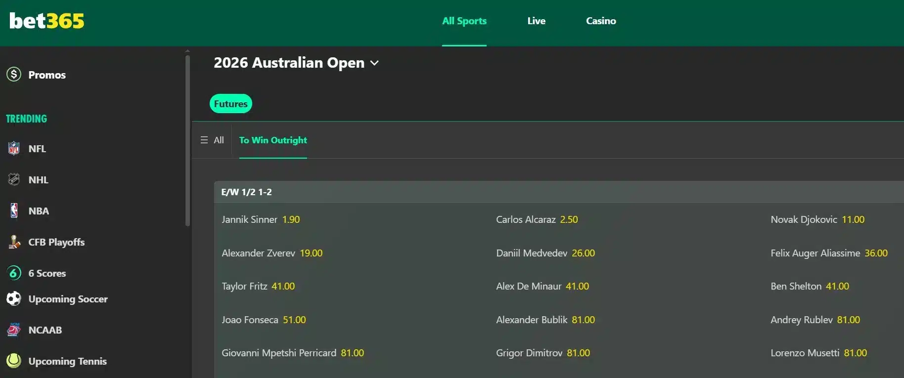 A screenshot view of bet365's tennis betting page