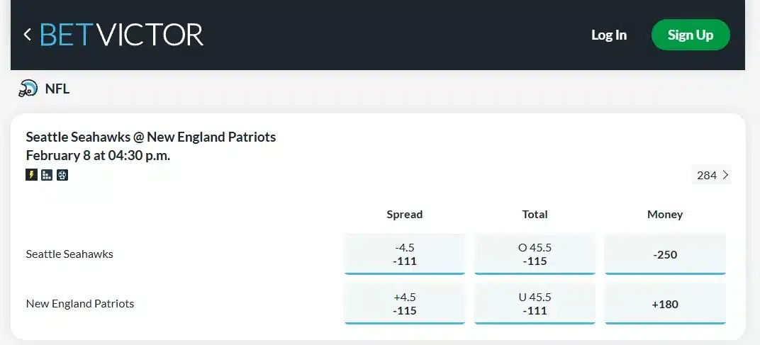 A screenshot of BetVictor's Super Bowl odds
