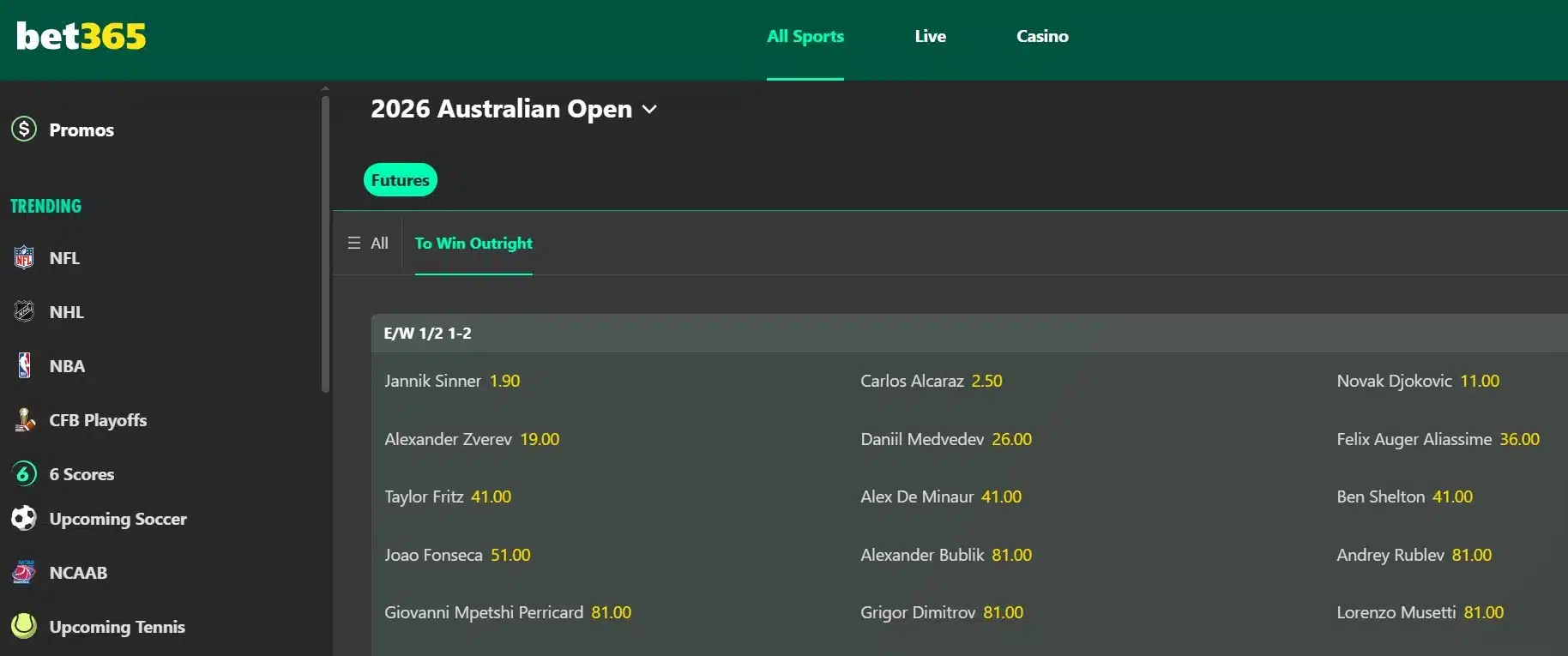 A desktop view of bet365's Australian Open odds.