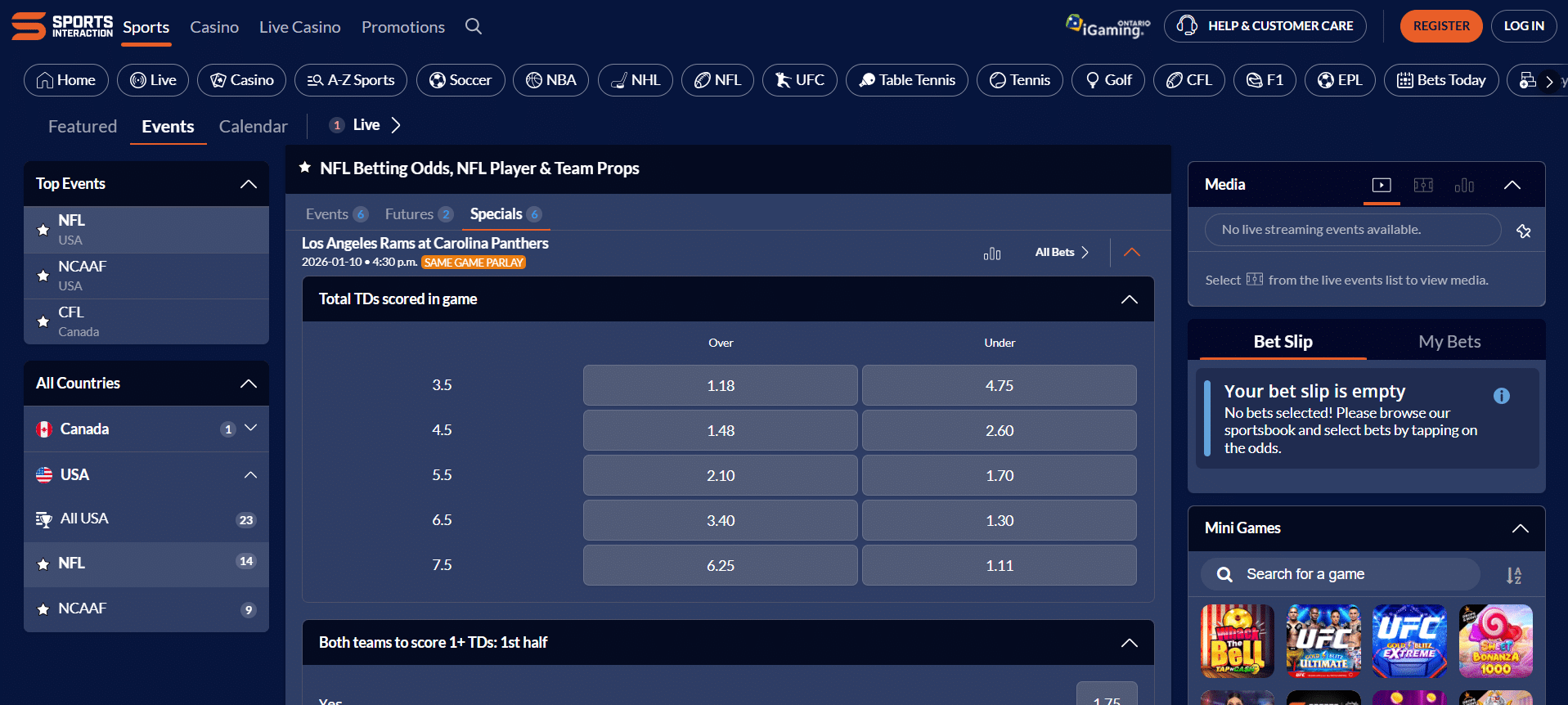A screenshot desktop view of Sports Interaction's Super Bowl prop betting page.