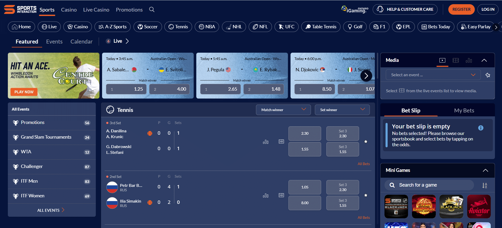 A desktop view screenshot of Sports Interaction's tennis betting page.