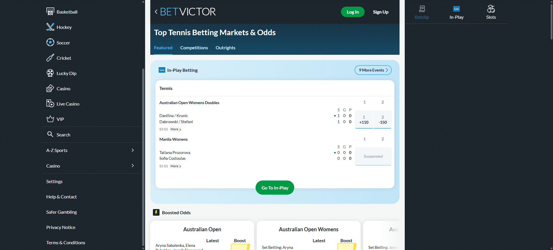 A desktop view screenshot of BetVictor's tennis betting page.