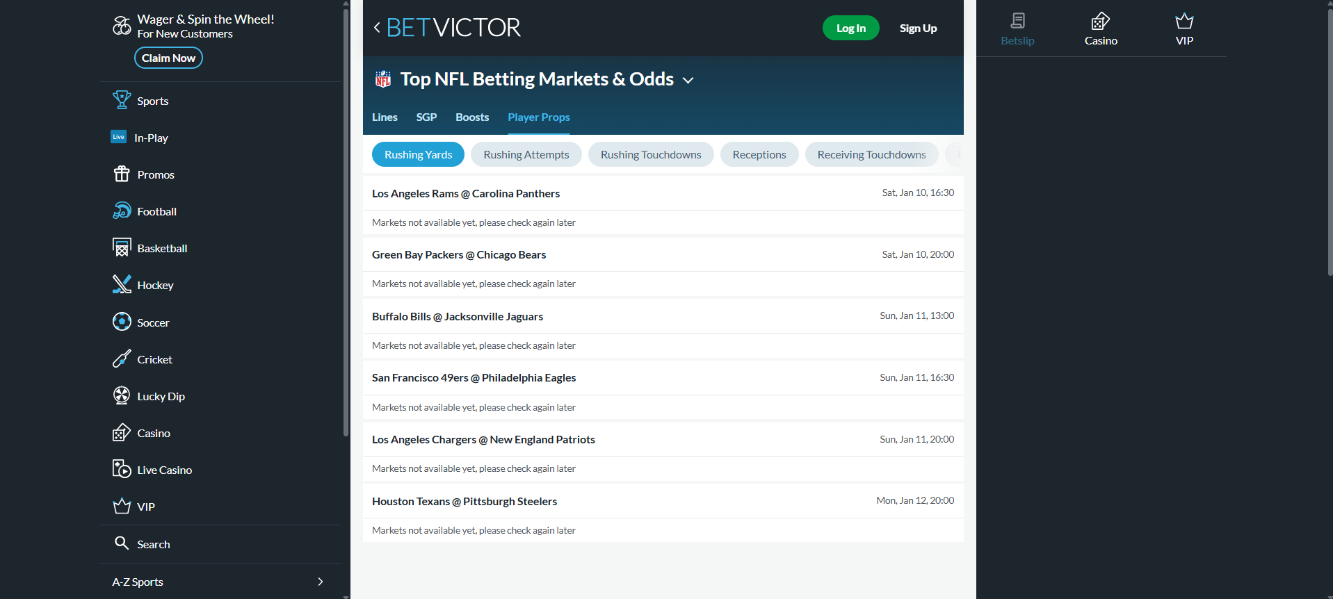 A screenshot desktop view of BetVictor's Super Bowl prop betting page.
