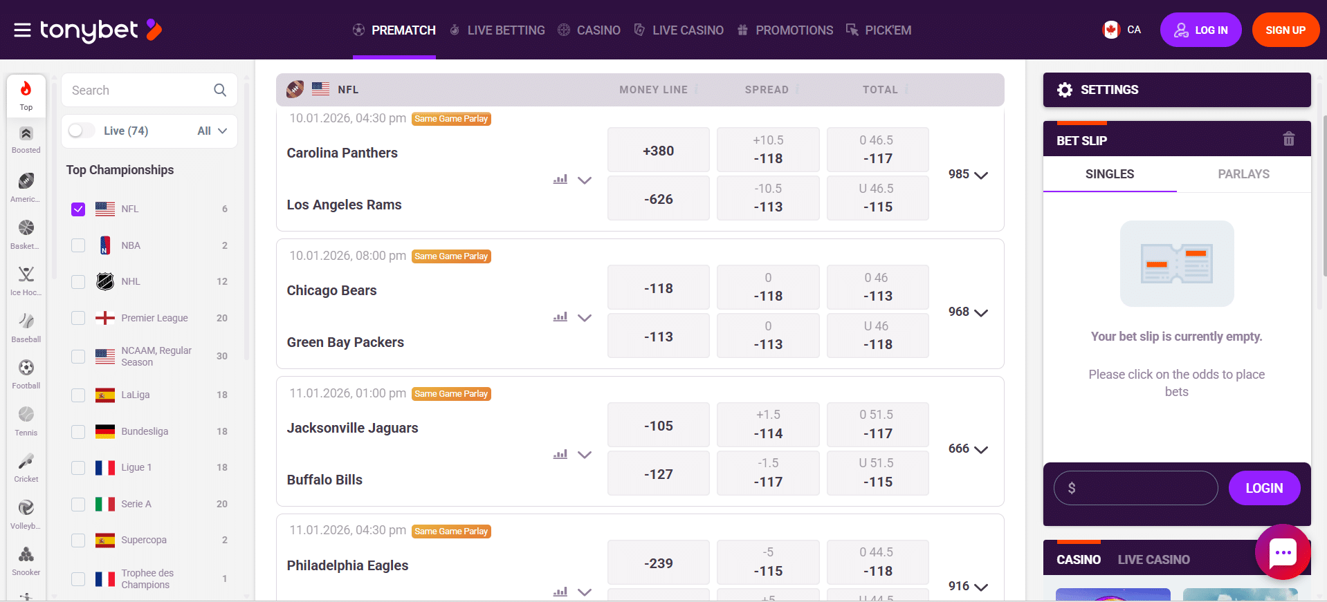 A screenshot desktop view of TonyBet's NFL betting page.