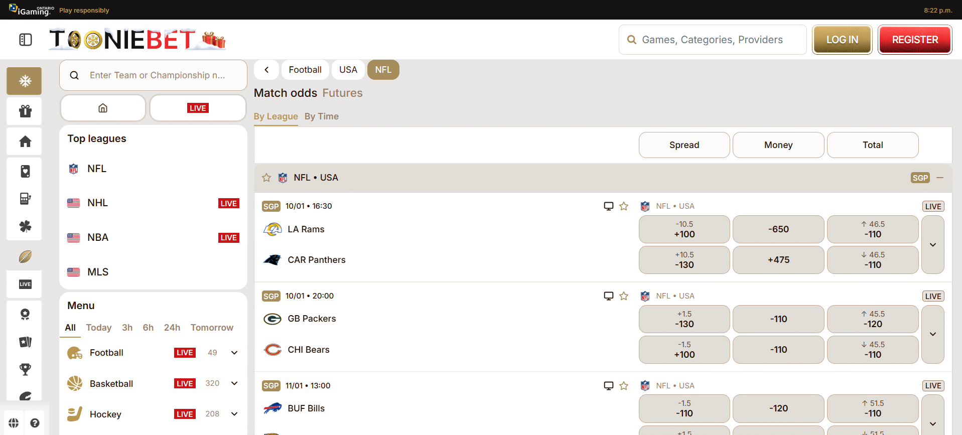 A screenshot desktop view of ToonieBet's NFL futures page.