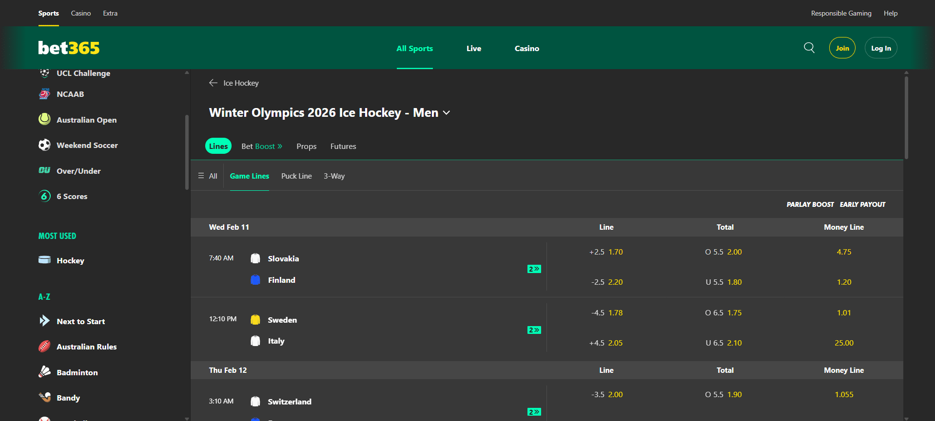 A desktop view screenshot of bet365's Winter Olympics ice hockey betting page.