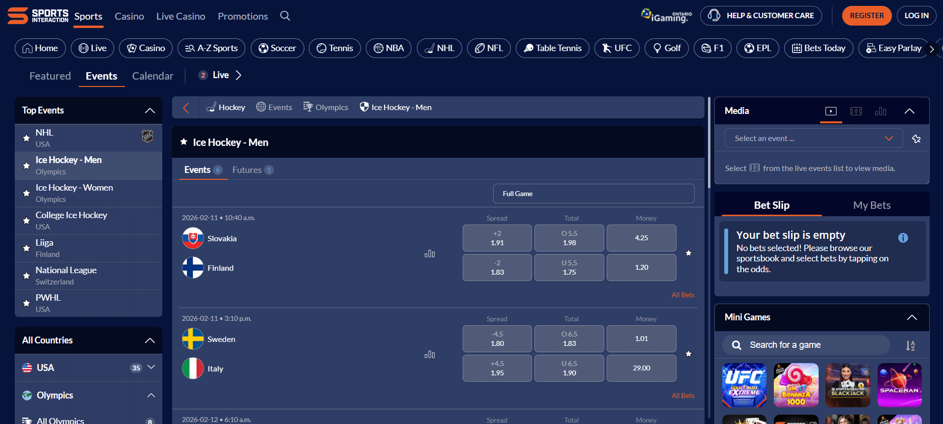 A desktop view screenshot of Sports Interaction's Winter Olympics ice hockey betting page.