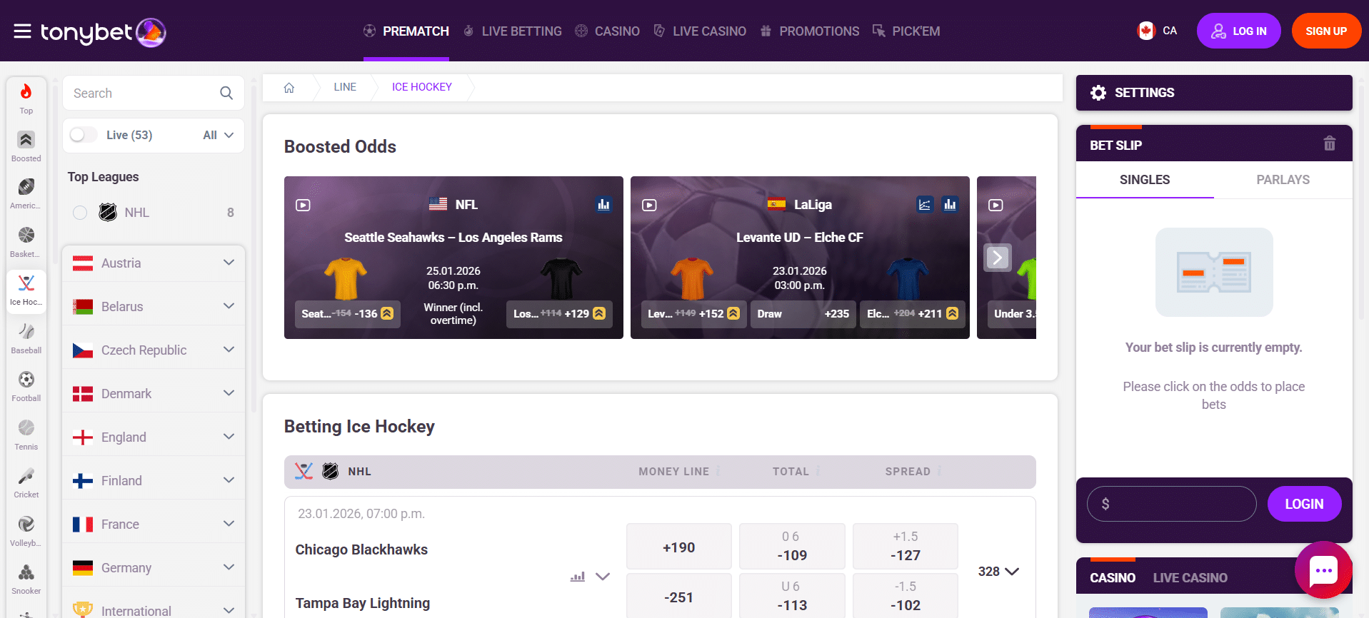 A desktop view screenshot of TonyBet's Hockey betting page.