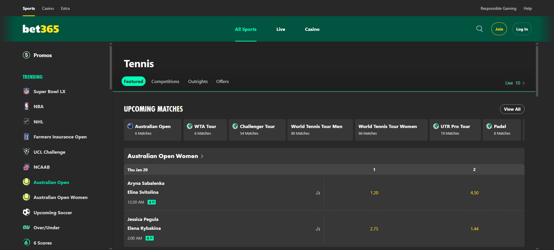 A desktop view screenshot of bet365's tennis betting page.