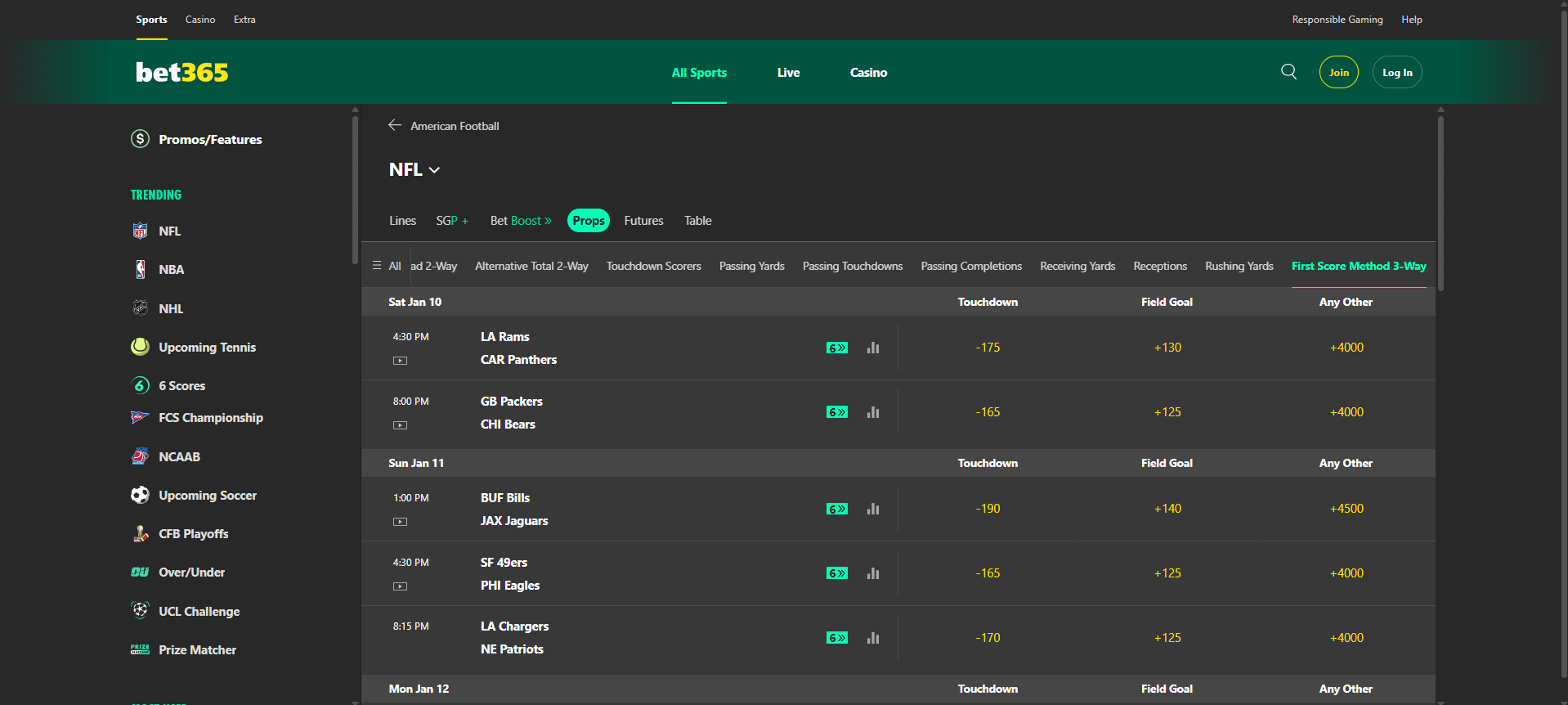 A screenshot desktop view of bet365's Super Bowl prop betting page.