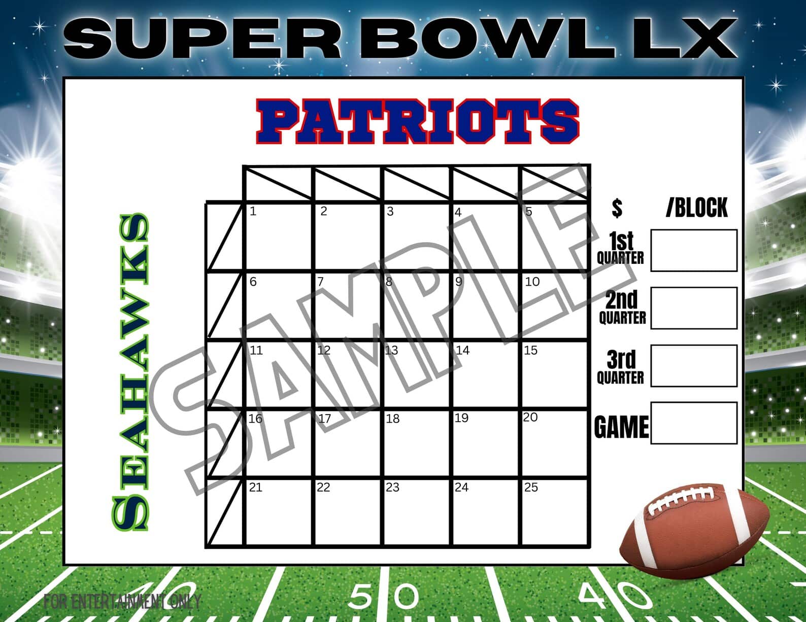An example of a super bowl square for super bowl LX