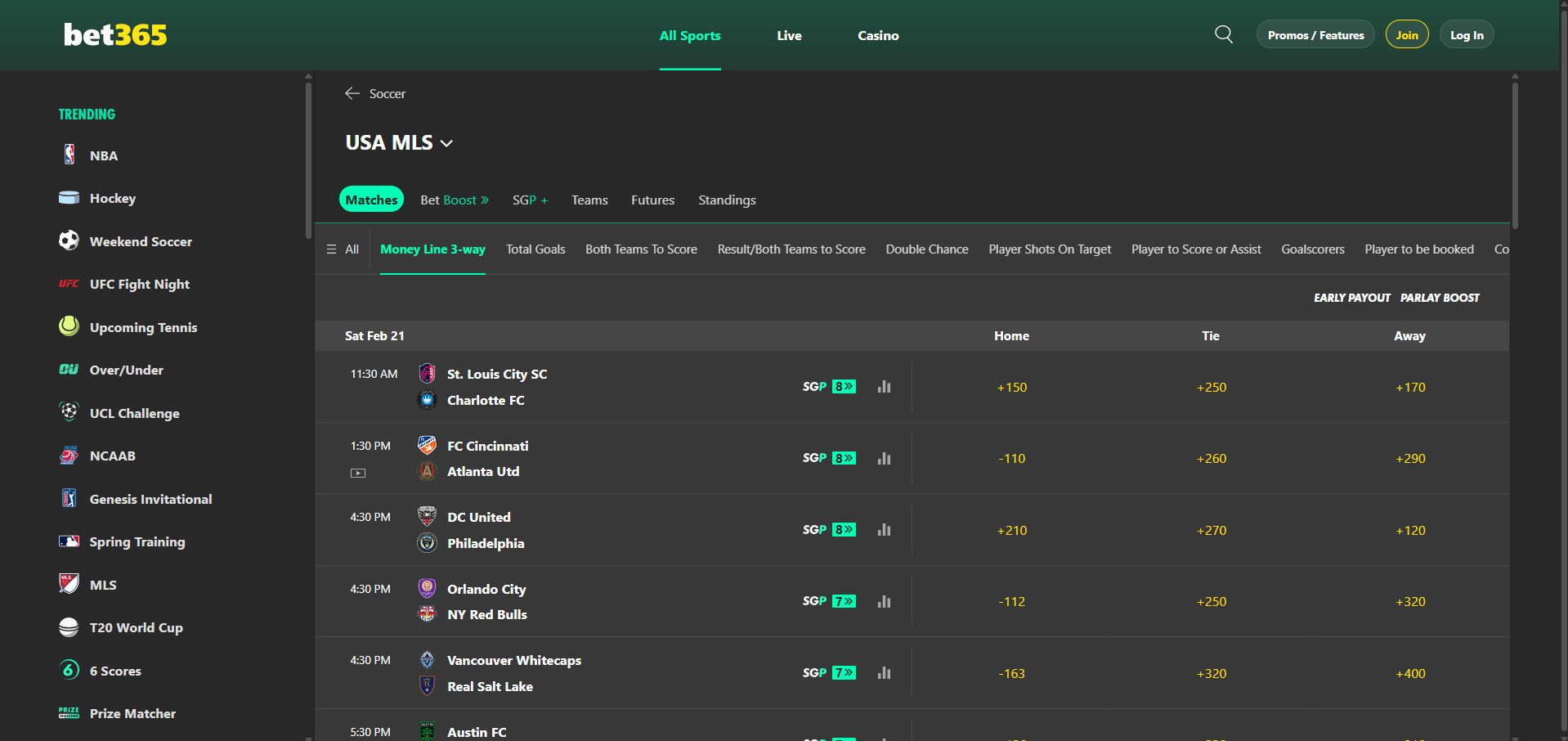 A desktop view screenshot of bet365's MLS betting odds.