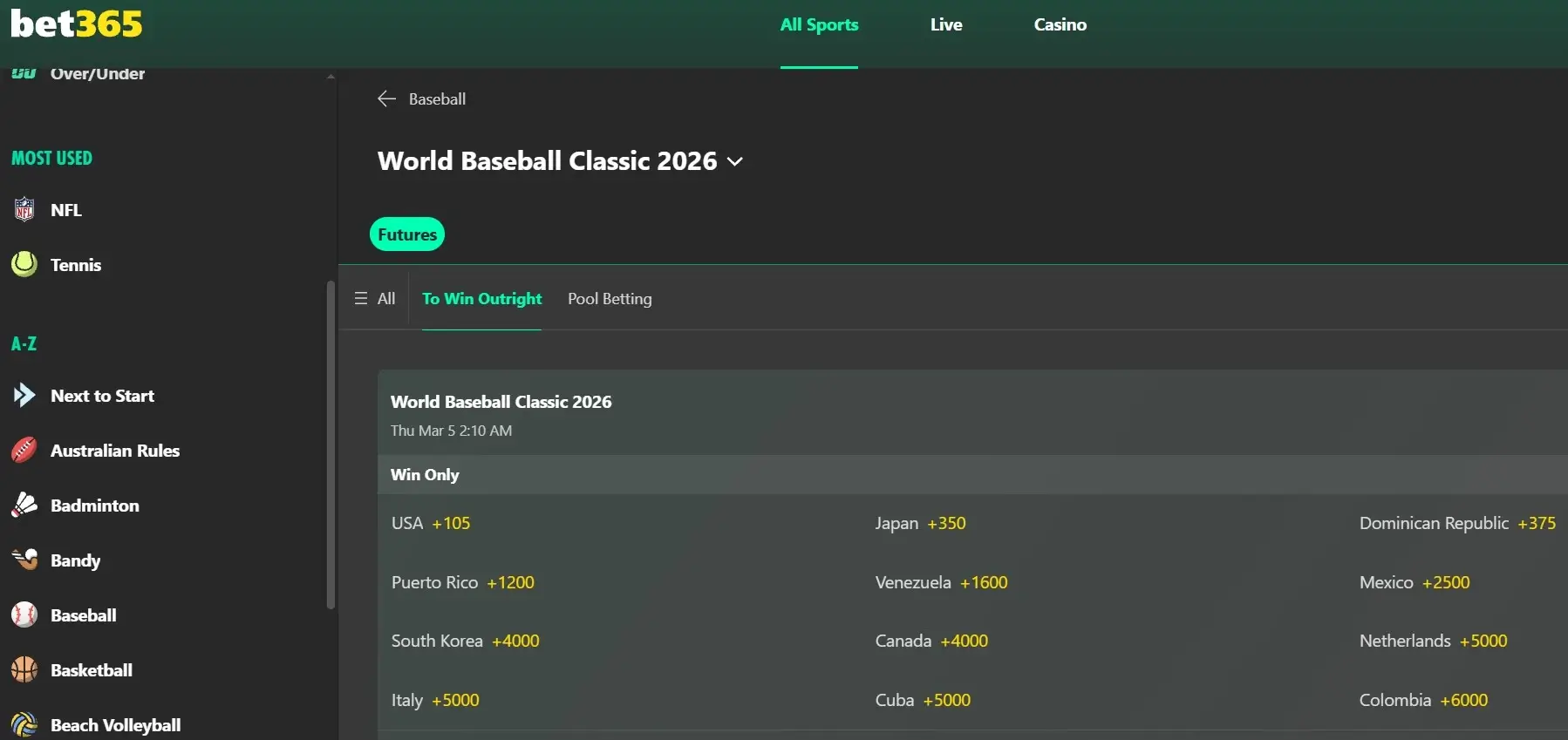 A screenshot of the 2026 World Baseball Classic odds from bet365