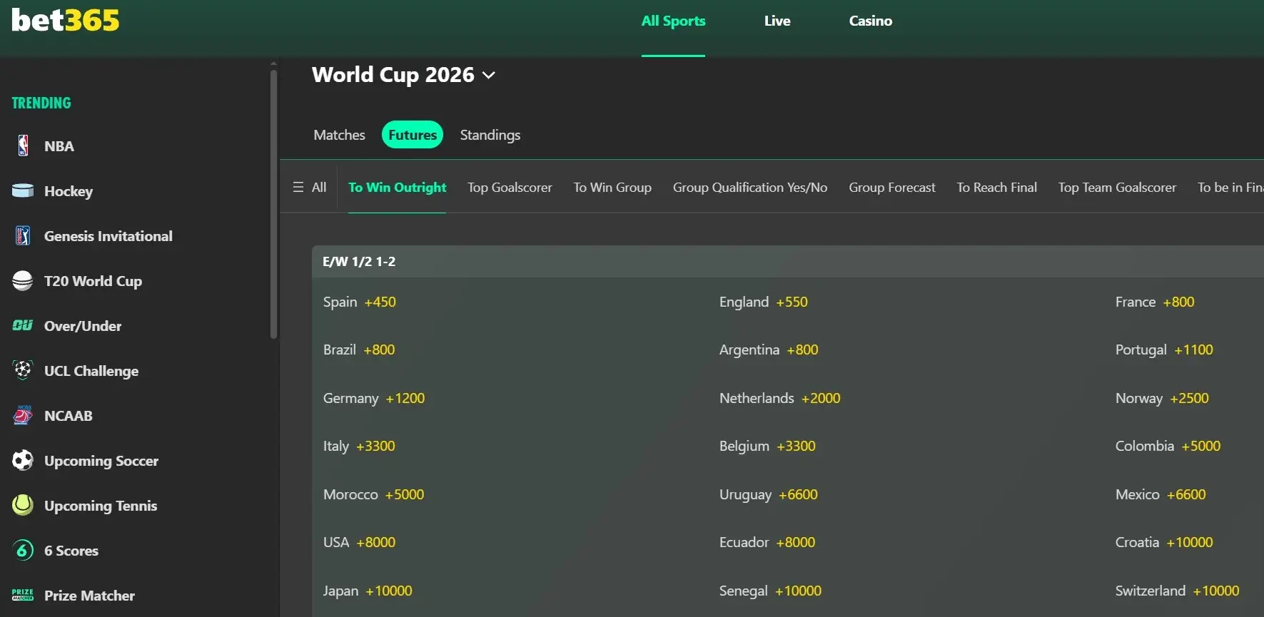 A screenshot view of bet365's 2026 World Cup odds.