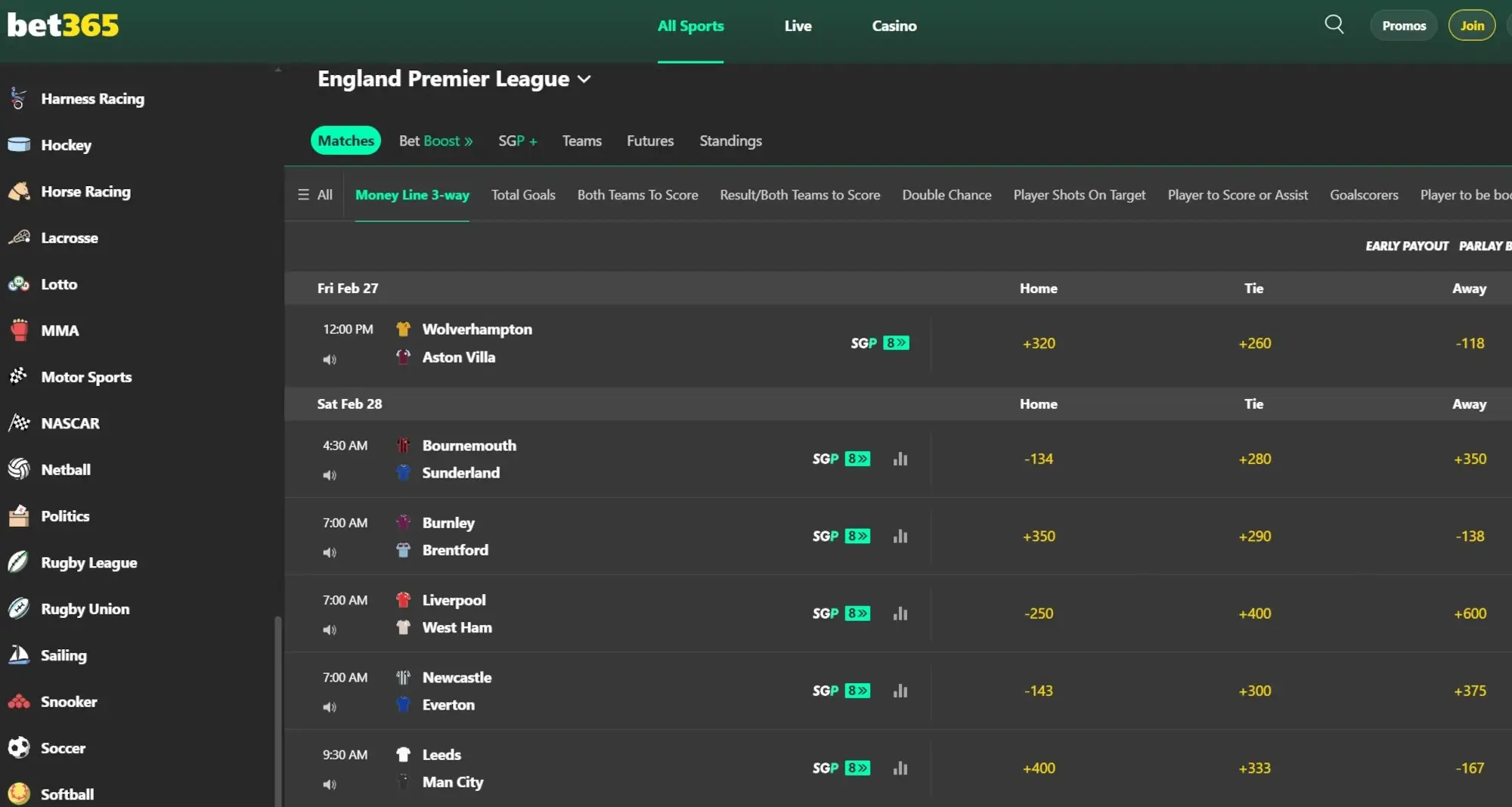 A screenshot view of bet365's soccer odds for the English Premier League.