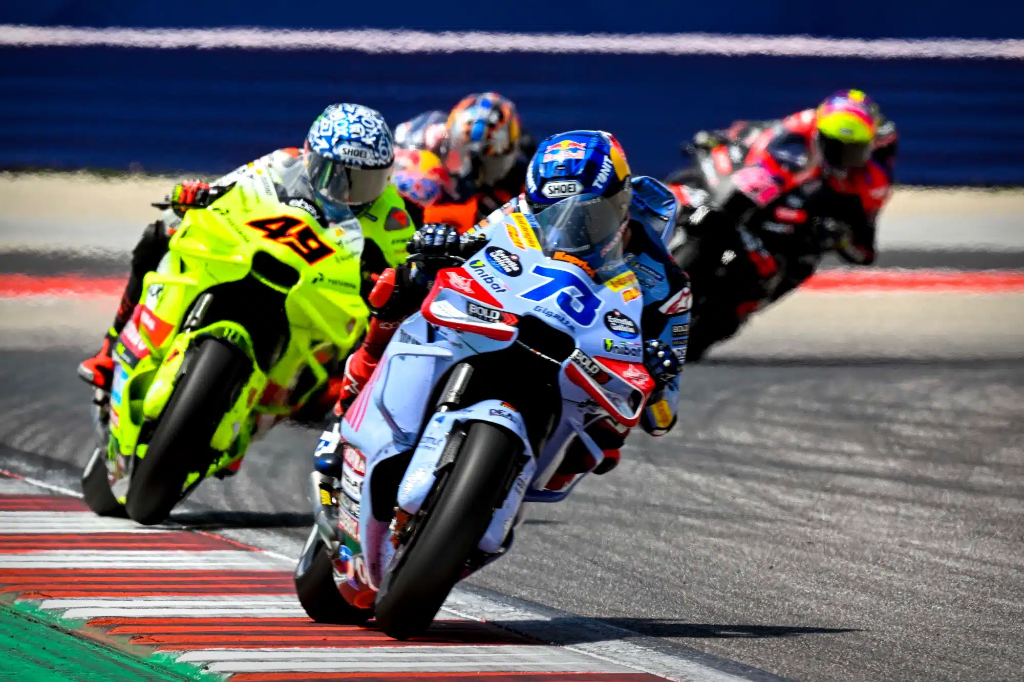 Apr 14, 2024; Austin, TX, USA; Alex Marquez (73) of Spain and Gresini Racing MotoGP and Fabio di Giannantonio (49) of Italy and Pertamina Enduro VR46 rides during the MotoGP Grand Prix of The Americas at Circuit of The Americas.