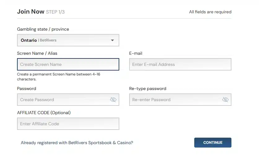 Betrivers Ontario Registration form step one