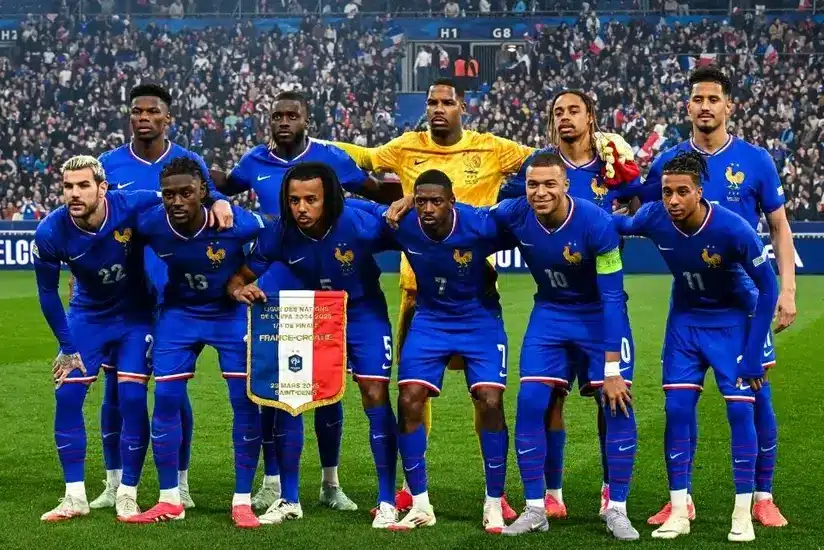 France's national men's soccer team poses for a team photo before an international friendly match in 2025.