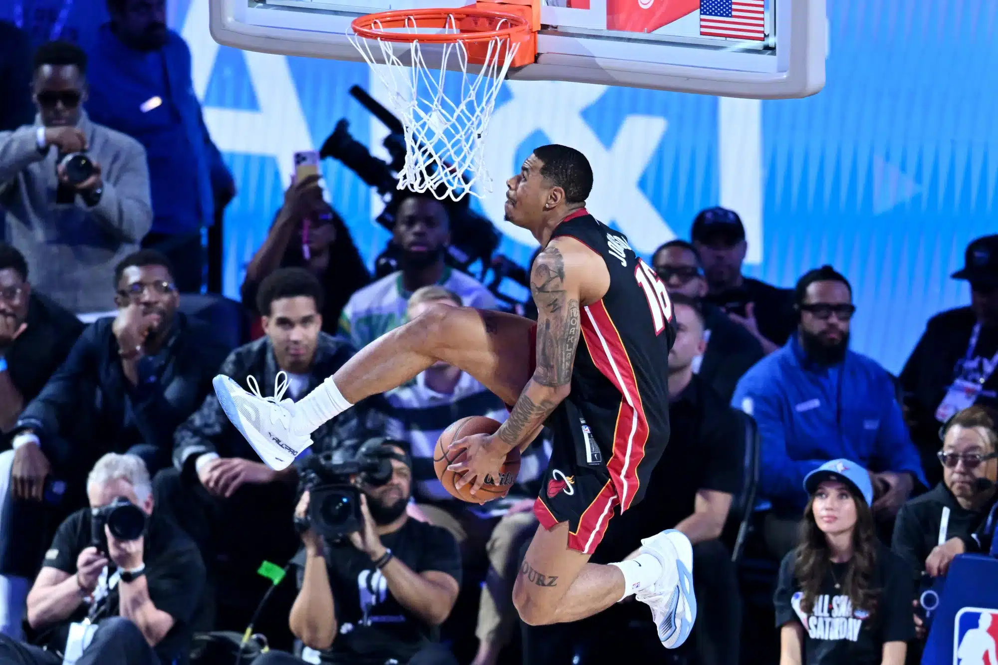 Feb 14, 2026; Los Angeles, CA, USA; Miami Heat forward Keshad Johnson (16) competes in the slam dunk competition during the 2026 NBA All Star Saturday Night at Intuit Dome.