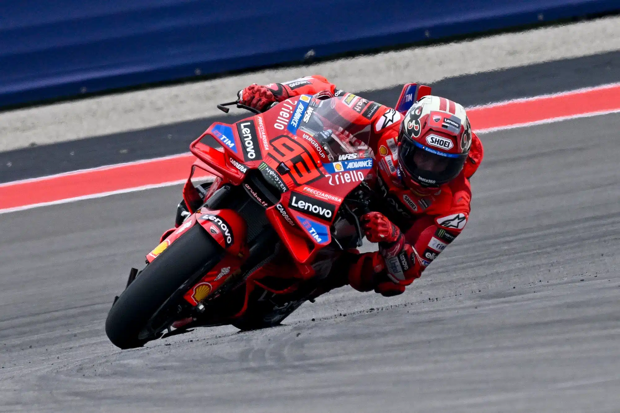 Mar 30, 2025; Austin, TX, USA; Marc Marquez (93) of Spain and Ducati Lenovo Team rides during the 2025 Grand Prix of the Americas at Circuit of The Americas.