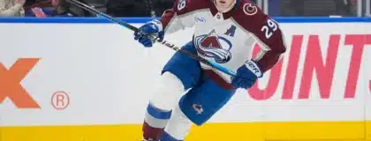 Jan 25, 2026; Toronto, Ontario, CAN; Colorado Avalanche forward Nathan MacKinnon (29) skates against the Toronto Maple Leafs at Scotiabank Arena.