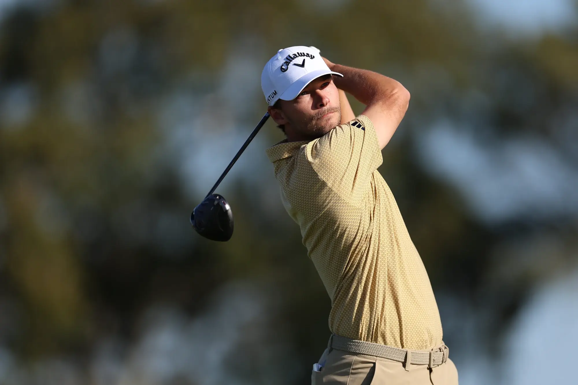 Jan 31, 2026; San Diego, California, USA; Nicolai Hojgaard plays his shot from the second tee during the third round of the Farmers Insurance Open golf tournament at Torrey Pines Municipal Golf Course - South Course. 