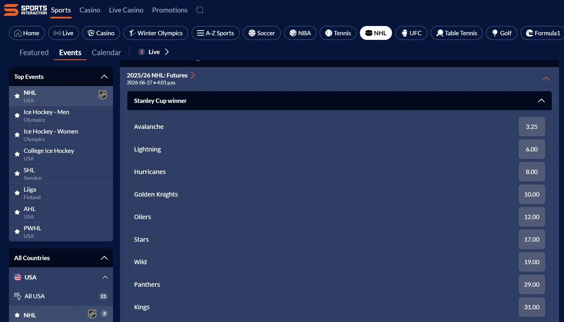A screenshot desktop view of Sports Interaction's Stanley Cup odds