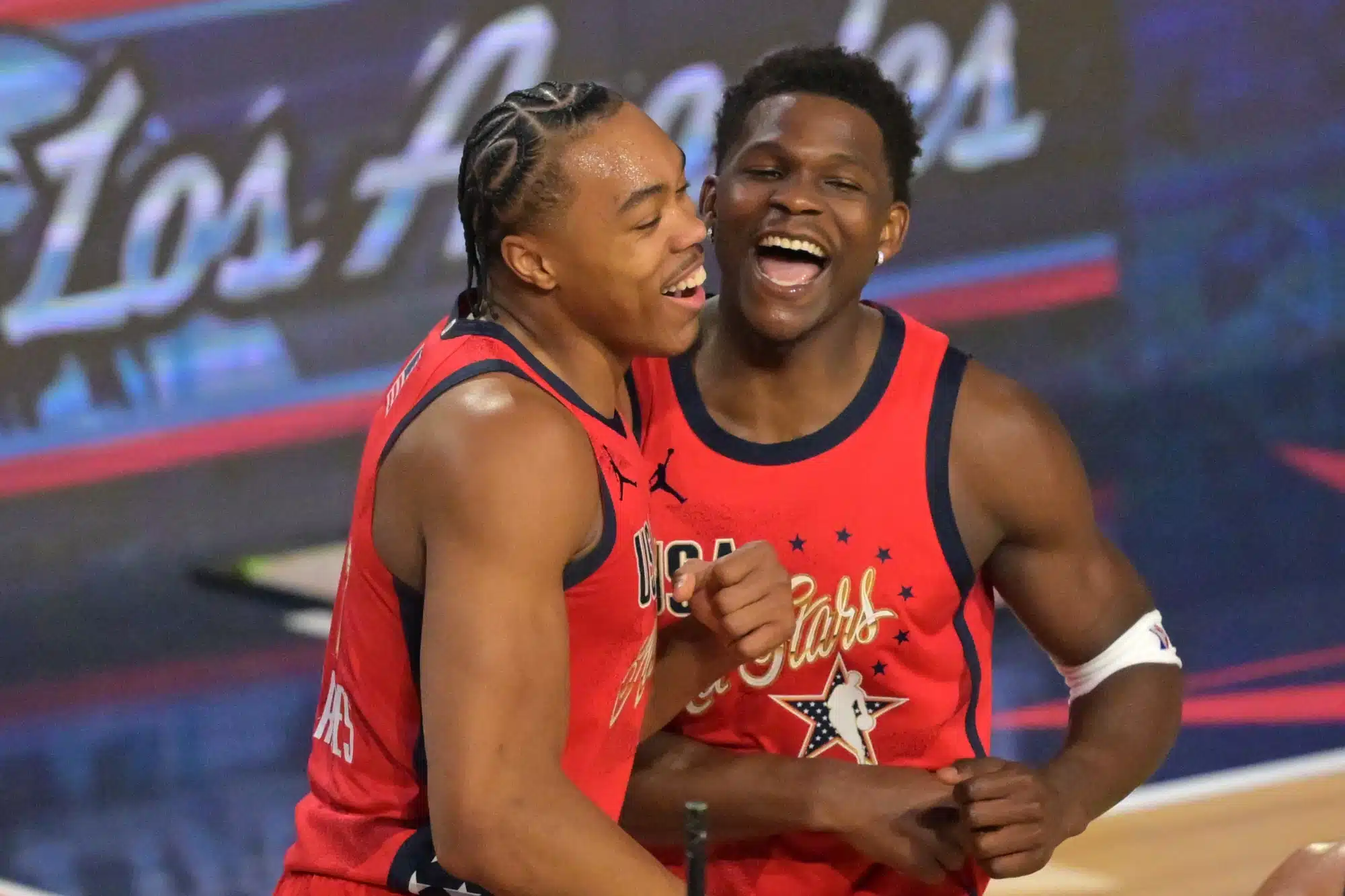 Feb 15, 2026; Inglewood, California, USA; Team USA Stars forward Scottie Barnes (4) of the Toronto Raptors and Anthony Edwards (5) of the Minnesota Timberwolves celebrate after game one during the 75th NBA All Star Game at Intuit Dome.