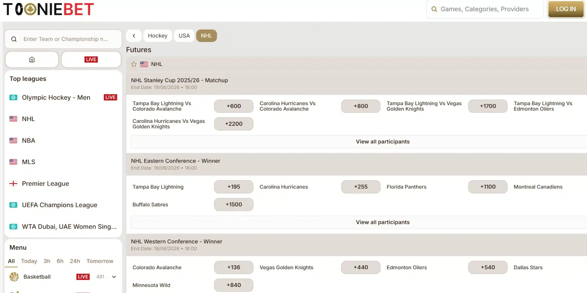 A screenshot of the desktop view of Tooniebet's Stanley Cup Odds