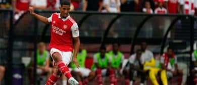 Arsenal forward William Saliba passes during the Charm City International Friendly at M&T Stadium. Arsenal defeated Everton 2-0.