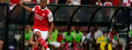 Arsenal forward William Saliba passes during the Charm City International Friendly at M&T Stadium. Arsenal defeated Everton 2-0.
