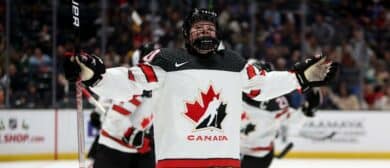 Team Canada forward Sarah Fillier (10) celebrates a goal against Team United States during the second period of a Rivalry Series ice hockey game at Crypto.com Arena.