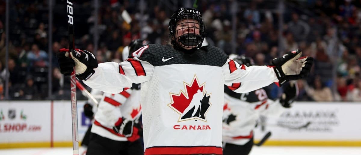 Team Canada forward Sarah Fillier (10) celebrates a goal against Team United States during the second period of a Rivalry Series ice hockey game at Crypto.com Arena.