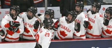 Canada forward Marie-Philip Poulin (29) celebrates with team mates after scoring a goal against the USA in the first period at CAA Center.