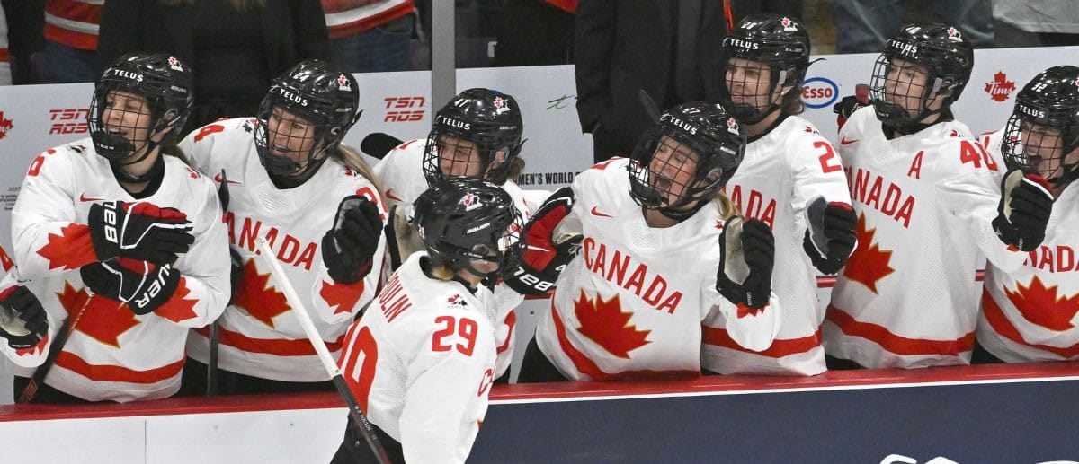 Canada forward Marie-Philip Poulin (29) celebrates with team mates after scoring a goal against the USA in the first period at CAA Center.