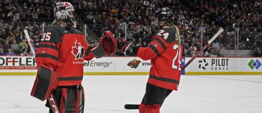 Team Canada forward Natalie Spooner (24) celebrates her power play goal against Team USA with goalie Ann-Renee Desbiens (35)during the first period of a Rivalry Series women's ice hockey game at Xcel Energy Center.