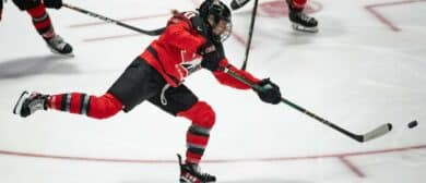 Canada's Sarah Nurse shoots the puck at the Adirondack Bank Center in Utica, NY on Sunday, April 7, 2024.