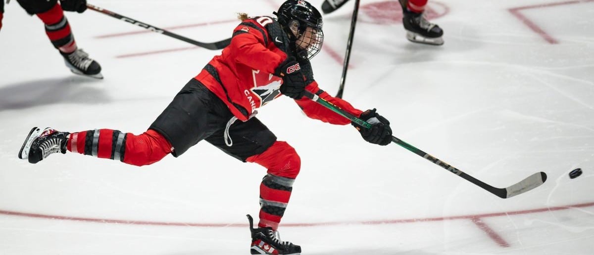 Canada's Sarah Nurse shoots the puck at the Adirondack Bank Center in Utica, NY on Sunday, April 7, 2024.