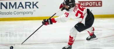 Canada's Marie-Philip Poulin shoots the puck at the Adirondack Bank Center in Utica, NY on Sunday, April 14, 2024.