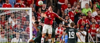 Manchester United midfielder Casemiro (18) heads the ball against Liverpool in the second half at Williams-Brice Stadium