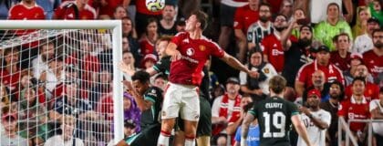 Manchester United midfielder Casemiro (18) heads the ball against Liverpool in the second half at Williams-Brice Stadium
