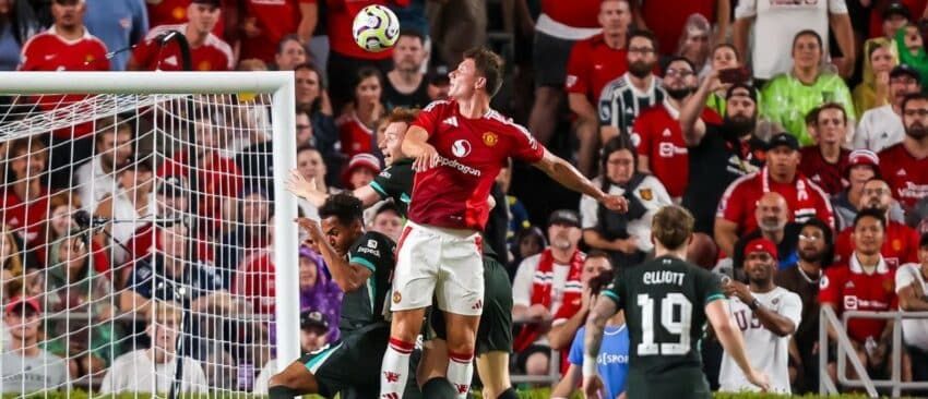 Manchester United midfielder Casemiro (18) heads the ball against Liverpool in the second half at Williams-Brice Stadium