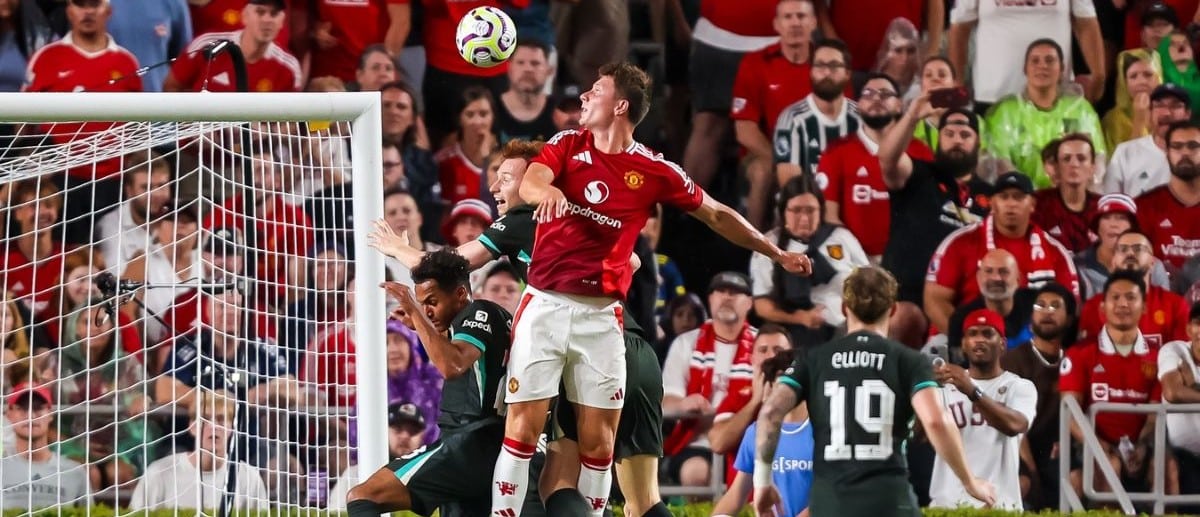 Manchester United midfielder Casemiro (18) heads the ball against Liverpool in the second half at Williams-Brice Stadium