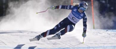 Lindsey Vonn of the United States races as a forerunner in the women's downhill race for the 2024 Stifel Birds of Prey Audi FIS alpine skiing World Cup at Birds of Prey