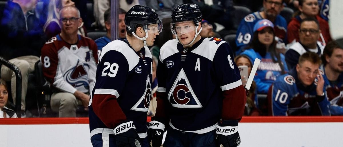 Colorado Avalanche center Nathan MacKinnon (29) and defenseman Cale Makar (8) in the second period against the Dallas Stars at Ball Arena.