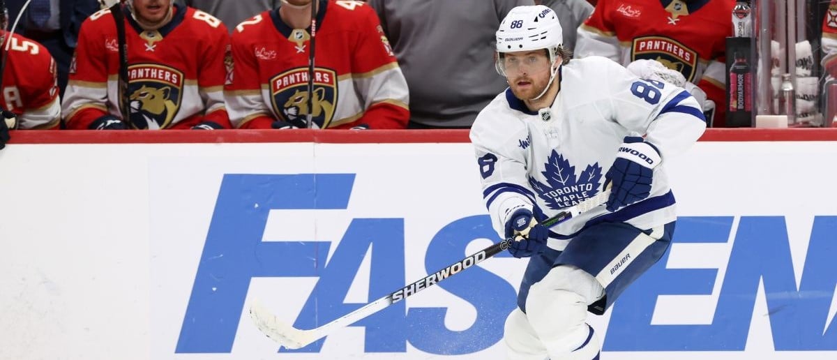 Toronto Maple Leafs right wing William Nylander (88) passes the puck against the Florida Panthers during the third period in game four of the second round of the 2025 Stanley Cup Playoffs at Amerant Bank Arena. Mandatory Credit: